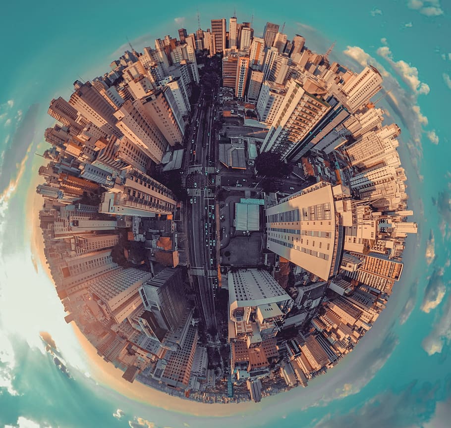 fish-eye photography of city, building, high rise, skyscraper