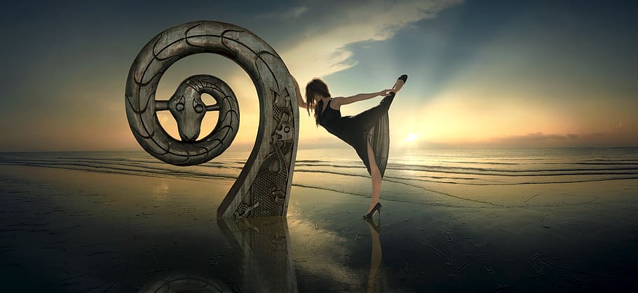 fantasy, backlighting, dance, sea, woman, beach, sun, water HD wallpaper