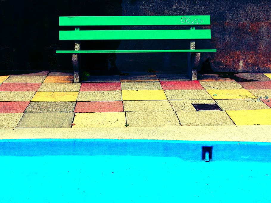 green, bench, blue, pool, tiles, bright, seat, empty, day, absence HD wallpaper