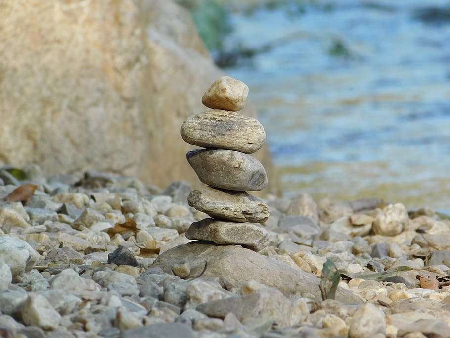 Gray Pile of Stone Beside Body of Water, pebbles, rocks, stack HD wallpaper