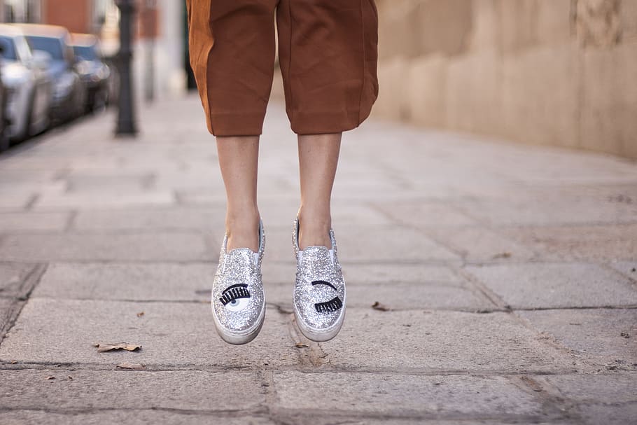 person jumping on sidewalk, woman, shoe, float, street, bokeh HD wallpaper