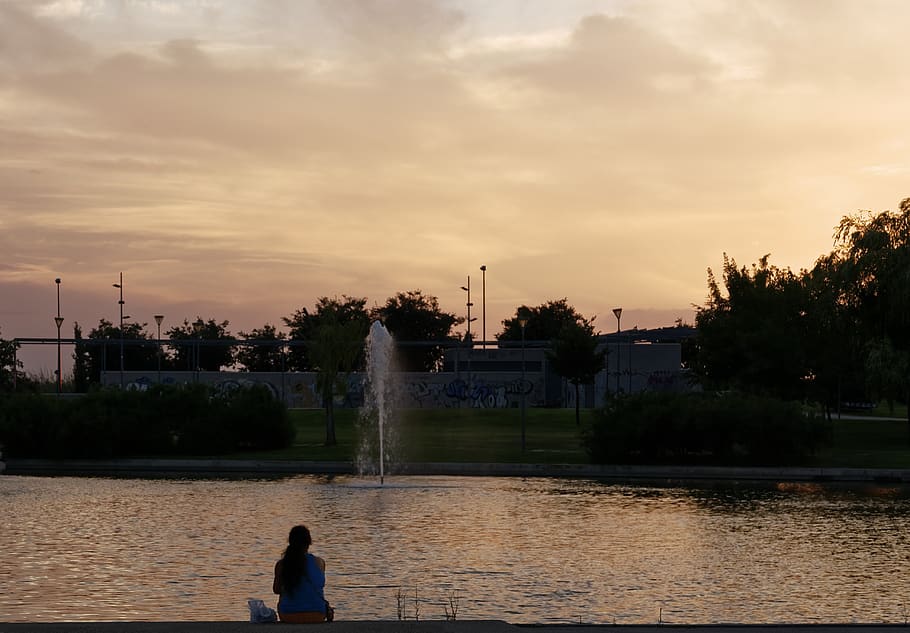 reflection, meditation, park, tranquility, fountain, person HD wallpaper