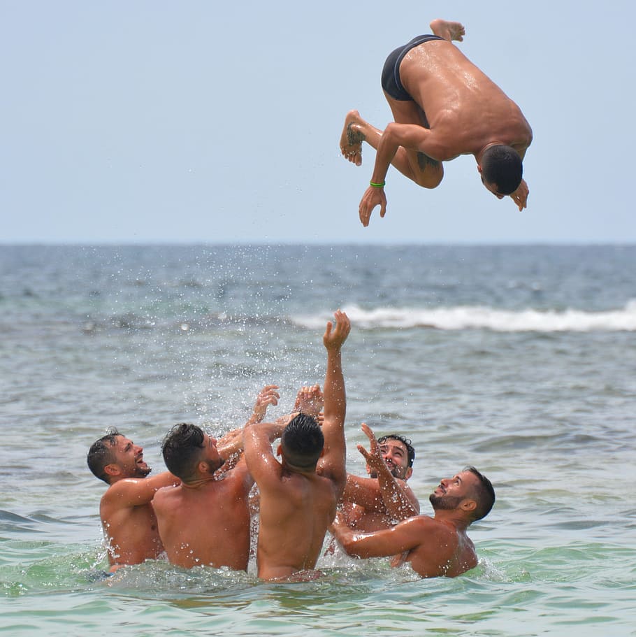 Group of Men in Body of Water, beach, fun, ocean, outdoors, people HD wallpaper