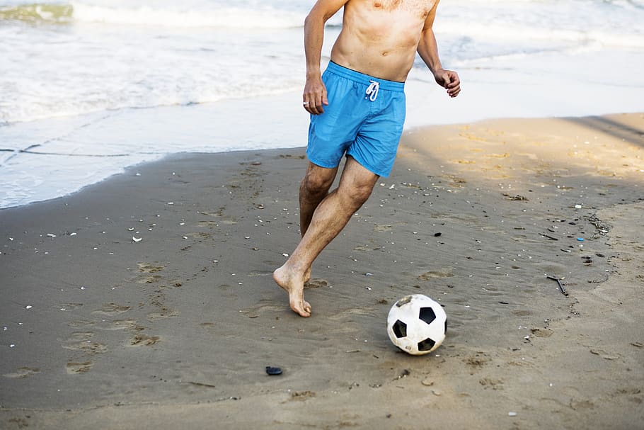 Man Playing Soccer At The Beach, active, ball, boy, fun, ocean HD wallpaper
