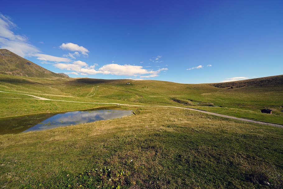 landscape, water, grass, sky, outdoors, nature, mountain, hill HD wallpaper