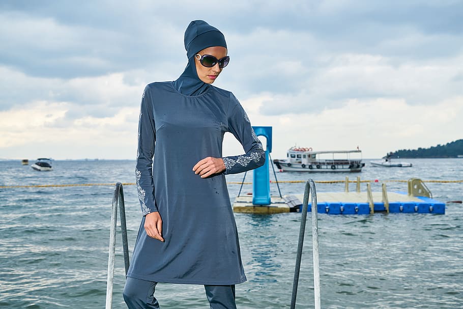 Woman in Blue Hijab and Long-sleeved Dress Standing Near Body of Water, HD wallpaper