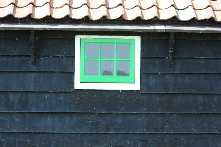 green window, black siding, windmill, architecture, built structure HD wallpaper