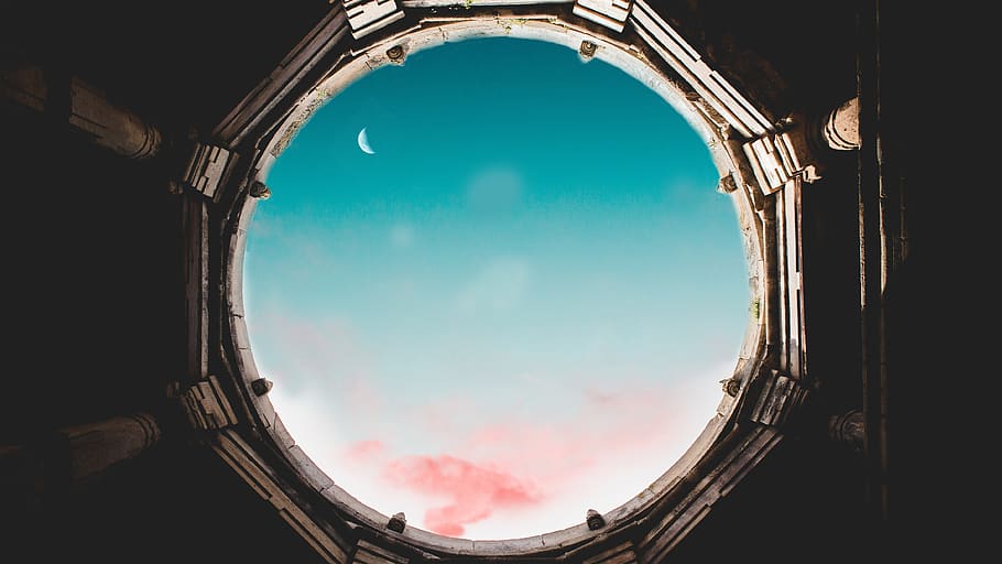 clouds, crescent moon, daylight, glass, glass items, glass window HD wallpaper