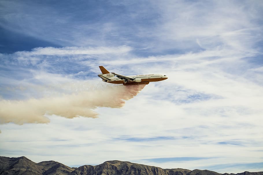 white plane spreading pink smoke, flight, firefighter, airplane