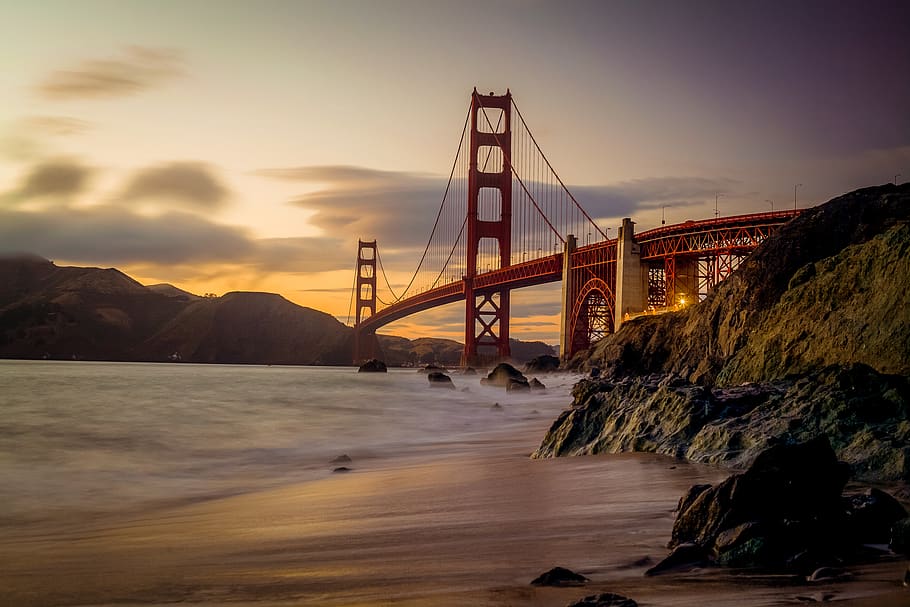 Photography of Red Bridge Under White and Gray Sky, architecture, HD wallpaper