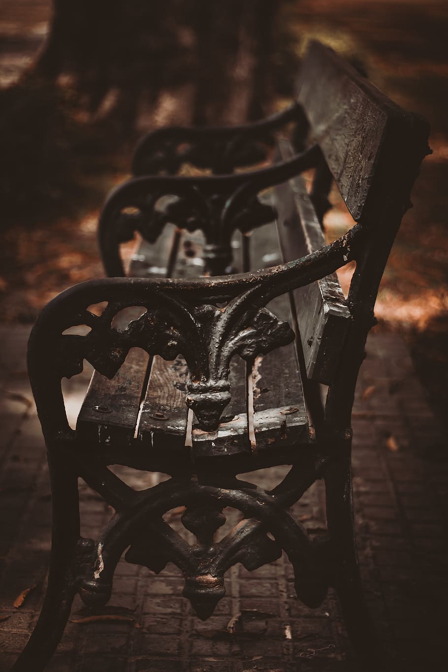 Empty Brown Wooden Bench, metal, seat, no people, close-up, focus on foreground HD wallpaper