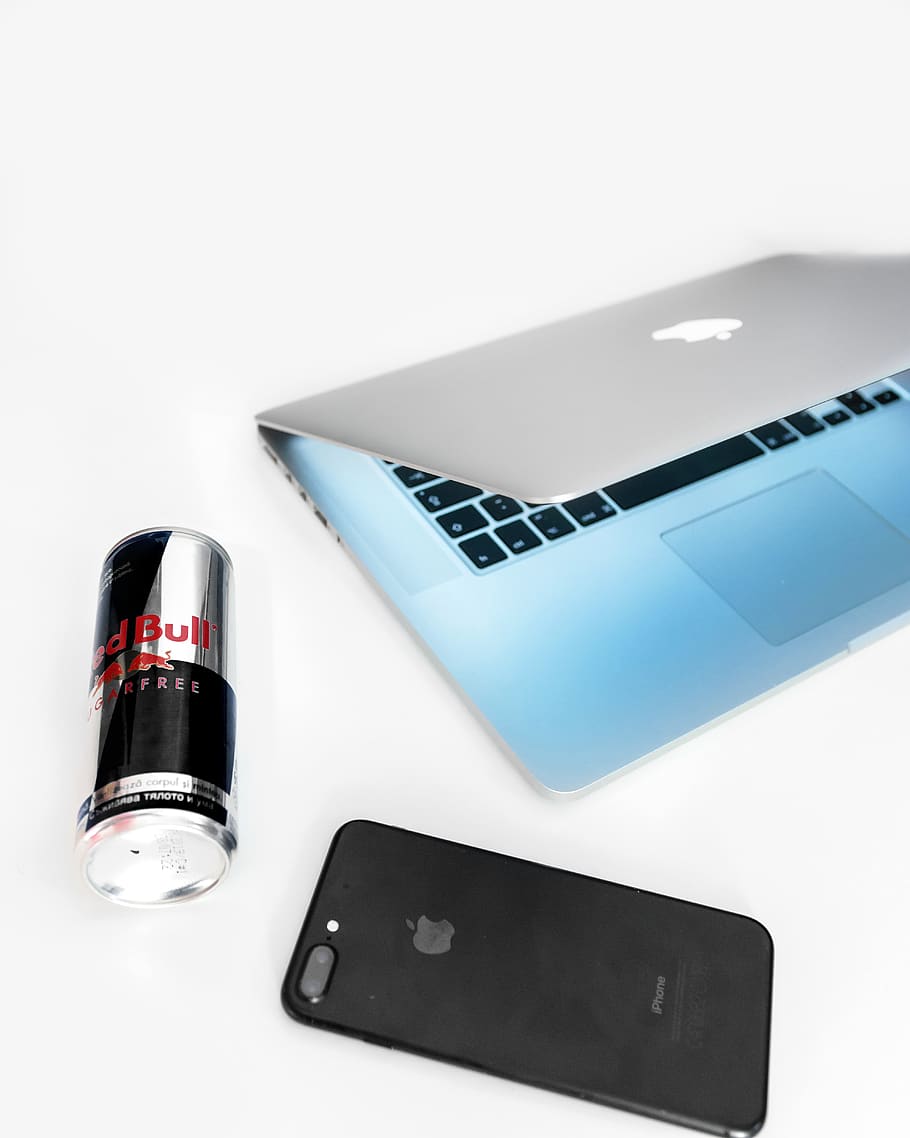 silver MacBook beside black iPhone 7 Plus, drink, beverage, accessories HD wallpaper