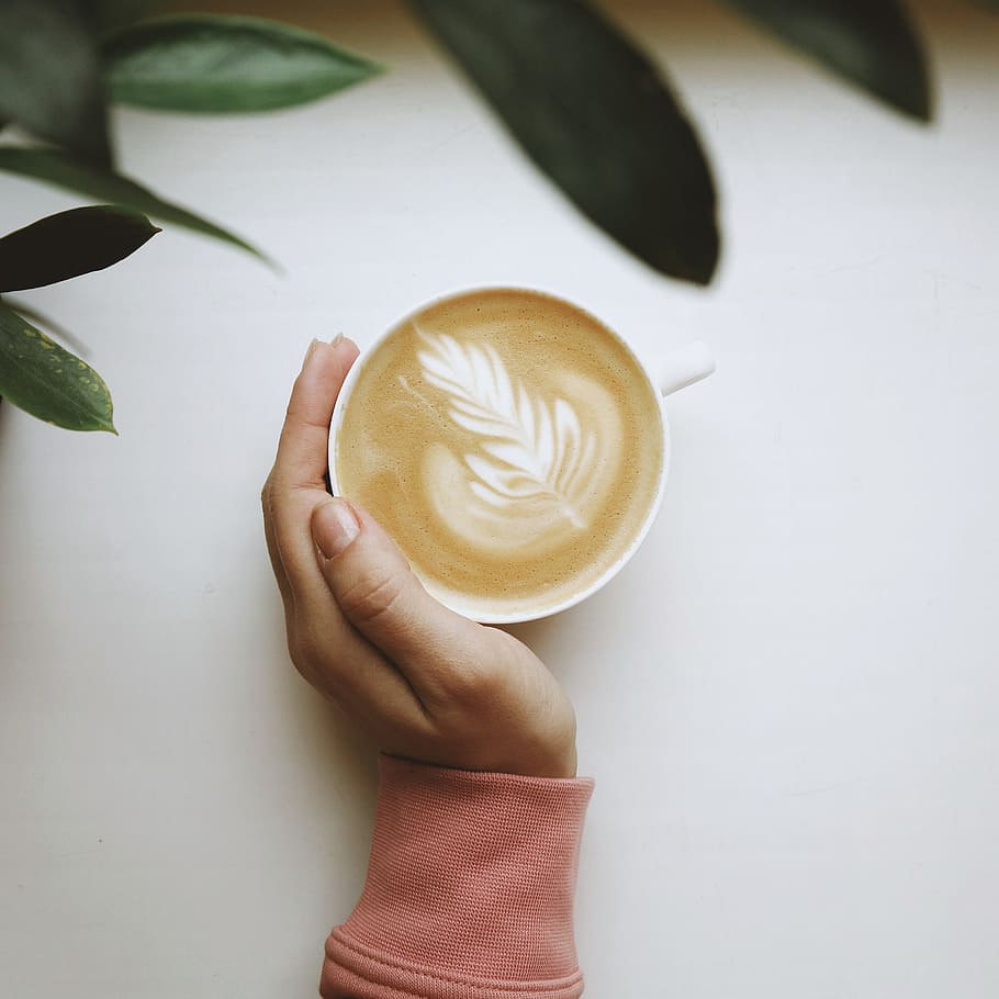 white ceramic cup, coffee, flatlay, coffee flatlay, hand, mood HD wallpaper