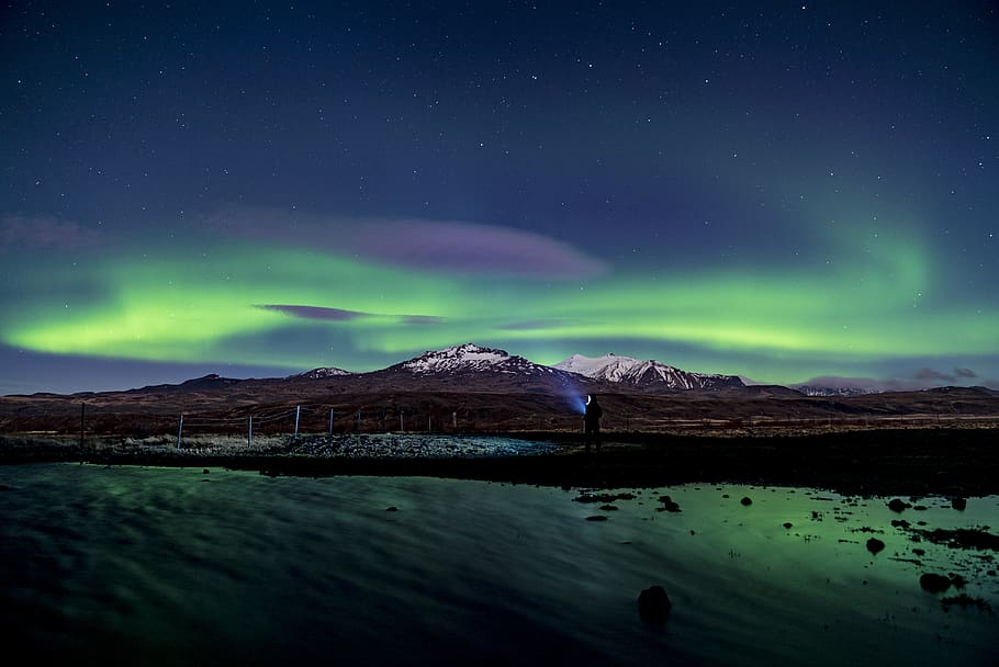 glacier mountain with Aurora light, night, sky, star - space HD wallpaper