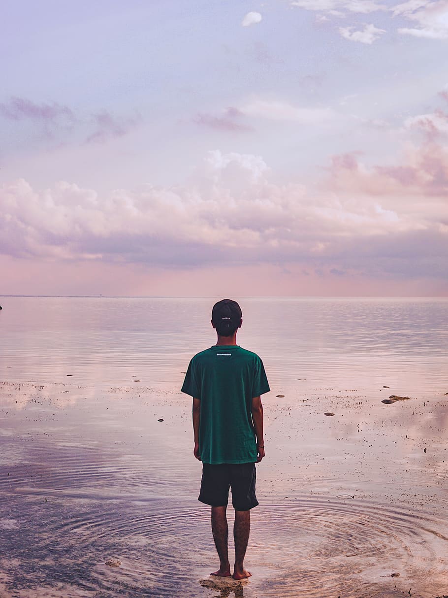 indonesia, kendari, labengki, rear view, sea, sky, one person HD wallpaper