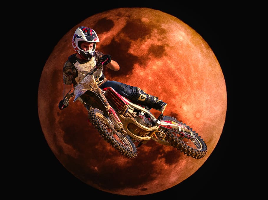 motocross, dirt bike, moon, red, stunt, sport, extreme, motorcycle, HD wallpaper