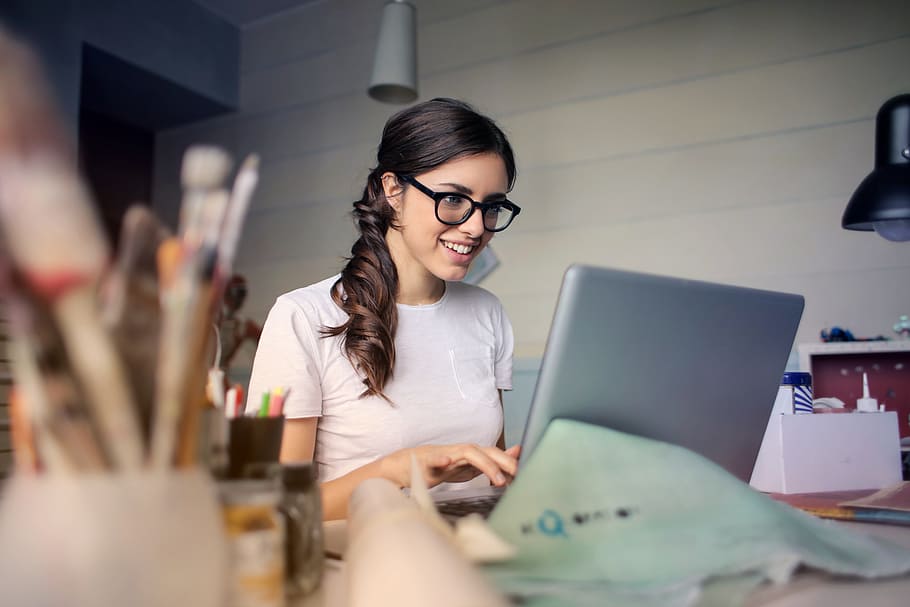woman, work, laptop, computer, desk, office, smile, glasses