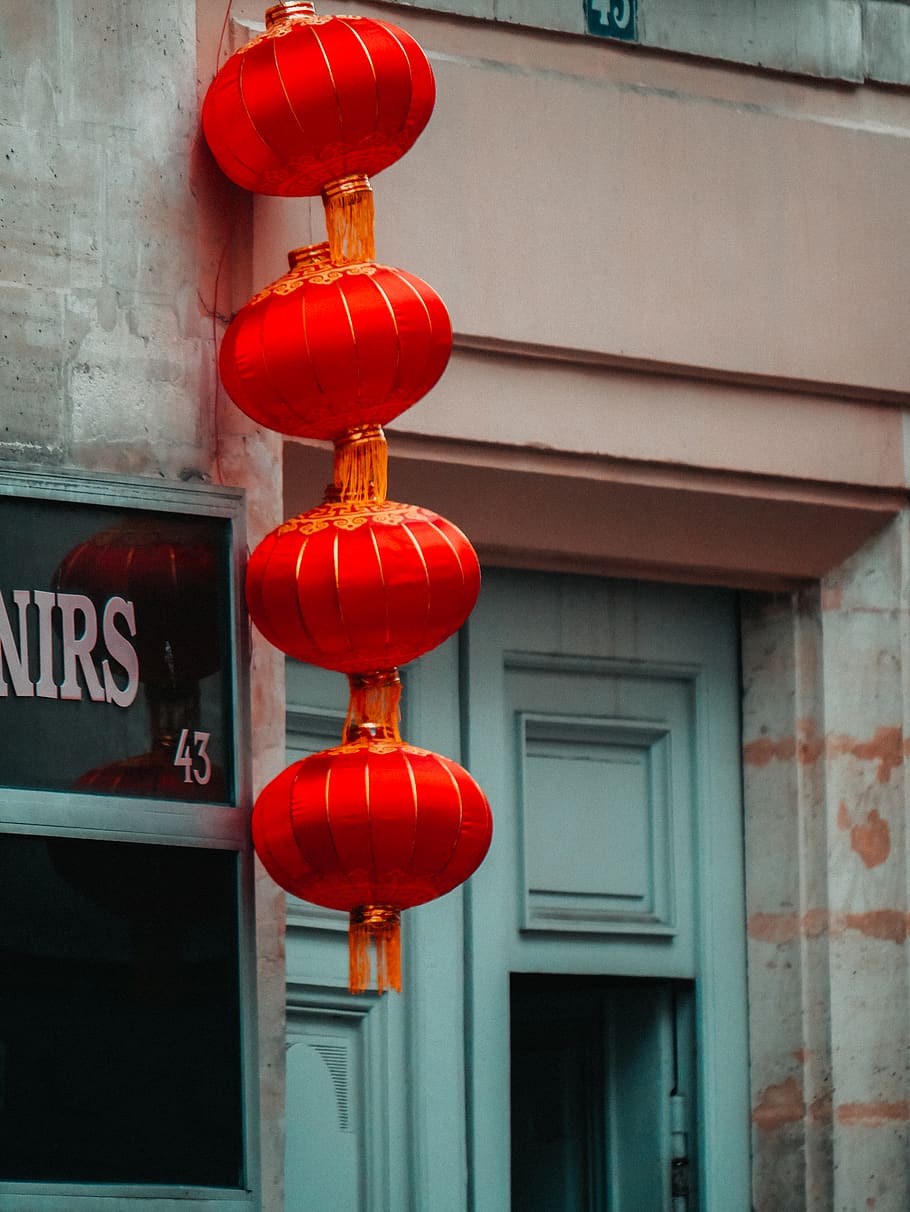 four red paper lanterns, architecture, built structure, lighting equipment HD wallpaper