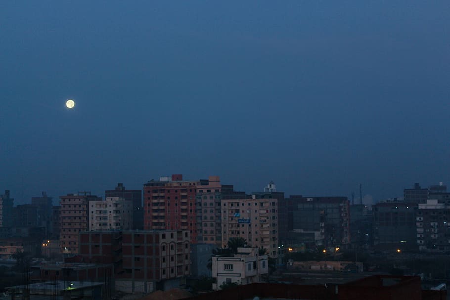 view, blue, sky, bulding, moon, light, natural, architecture HD wallpaper