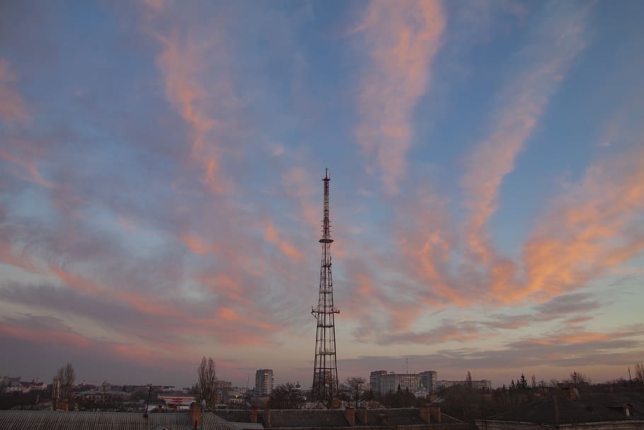sky, sunset, clouds, twilight, evening, ukraine, television tower HD wallpaper