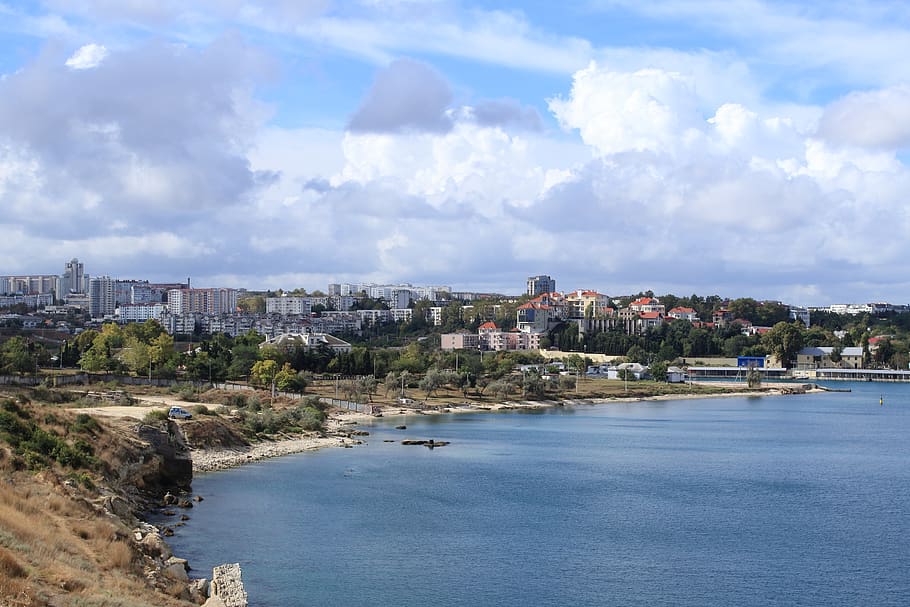 sea, summer, bay, clouds, landscape, sevastopol, building exterior HD wallpaper