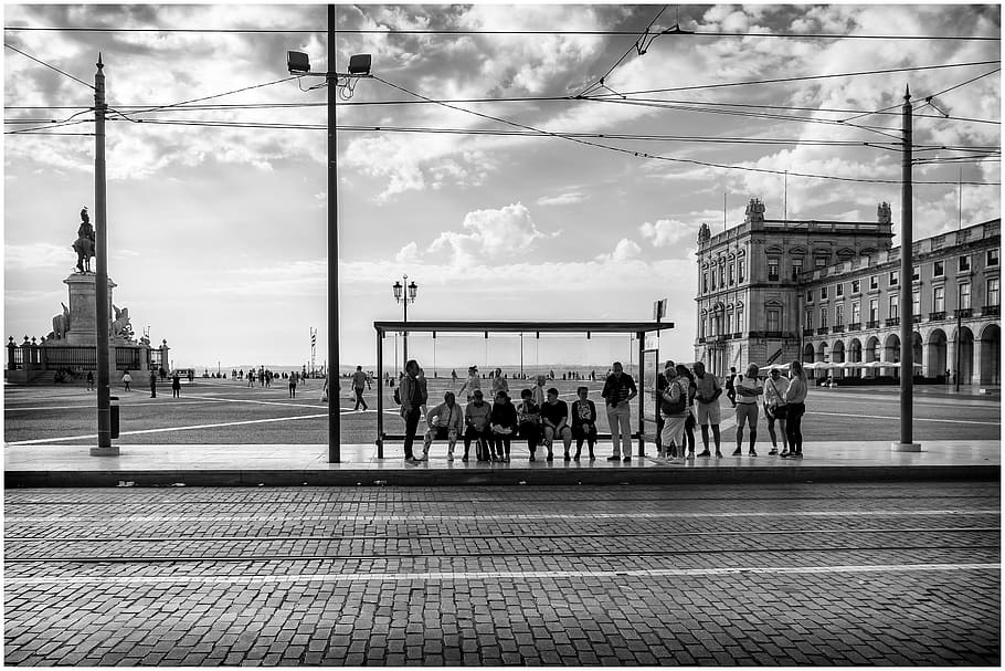 lisbon, praça do comércio, portugal, city, black and white, HD wallpaper