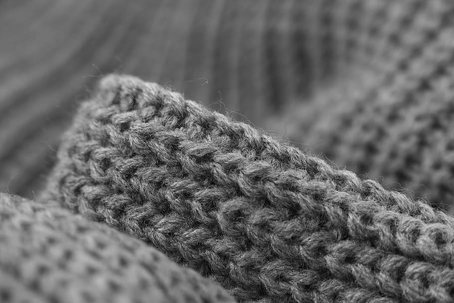 Gray Knitted Cloth, black-and-white, cardigan sweater, close-up