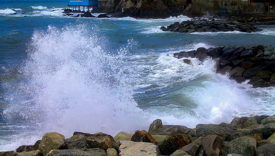 genoa, italy, waves breaking, rocks, water, seascape, stone HD wallpaper