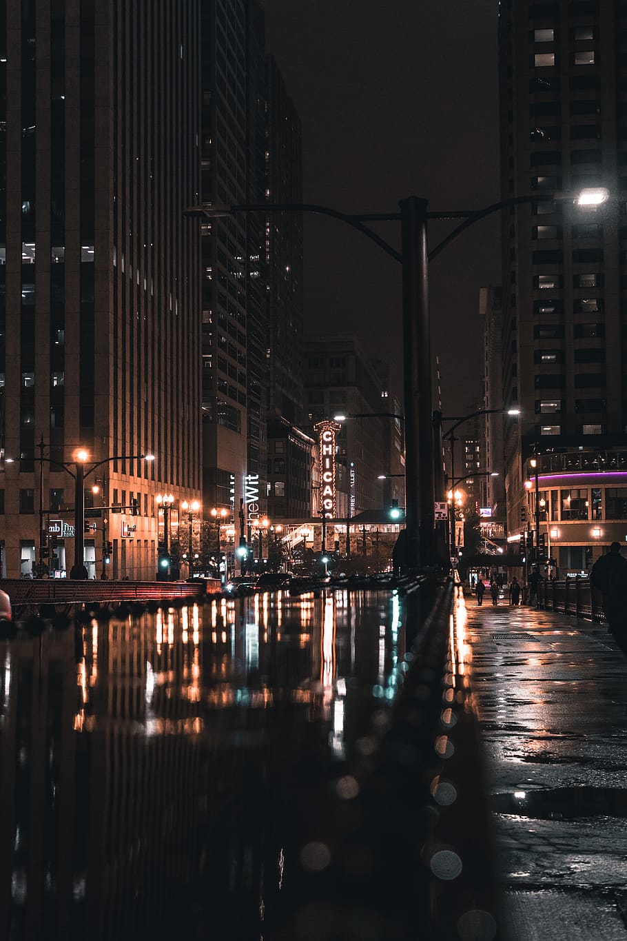 chicago, united states, rain, theatre, city, wet, night, building exterior