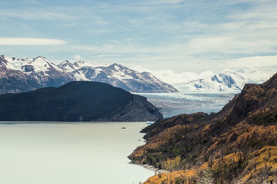 mountain surrounded by body of water, glacier, ice, nature, outdoors