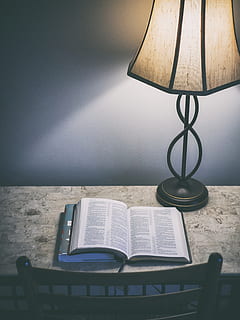 book beside the table lamp, chair, bible, lampshade, furniture HD wallpaper