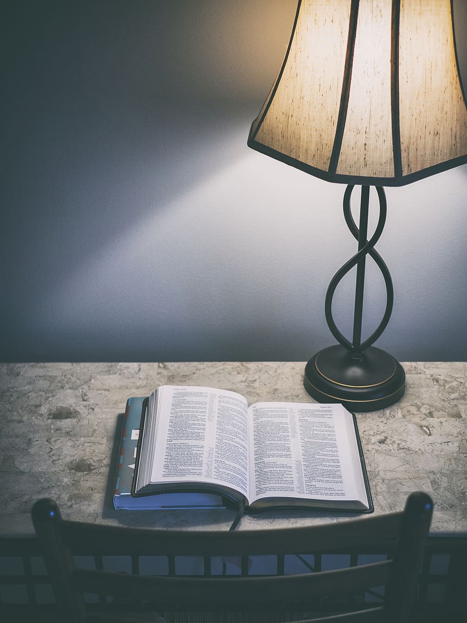 book beside the table lamp, chair, bible, lampshade, furniture, HD wallpaper