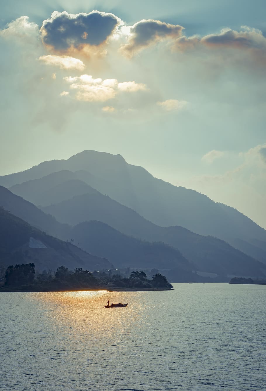 cu de river, north, danang, vietnam, sunset, mountain, water, HD wallpaper