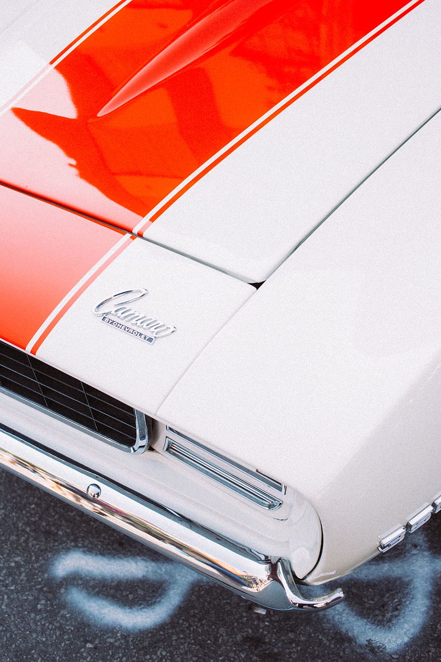 white and orange car, stripe, red, reflection, muscle, vintage, HD wallpaper