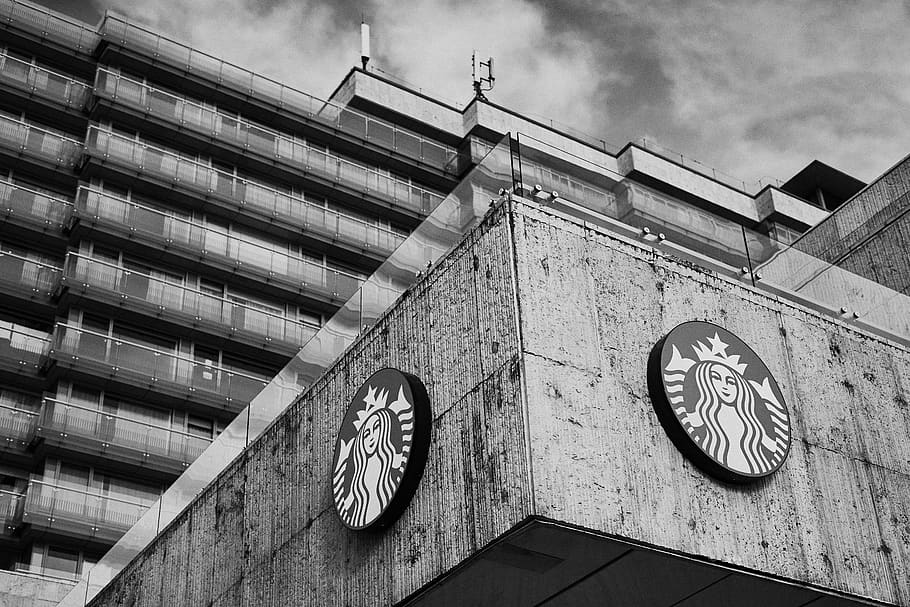 grayscale photo of Starbucks building, tower, architecture, analog clock, HD wallpaper