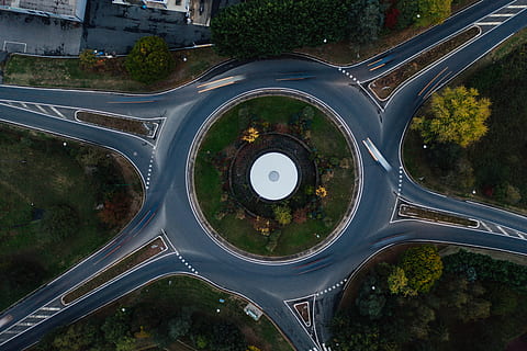 aerial view of roundabout, night, light, air, circle, drone, city HD wallpaper
