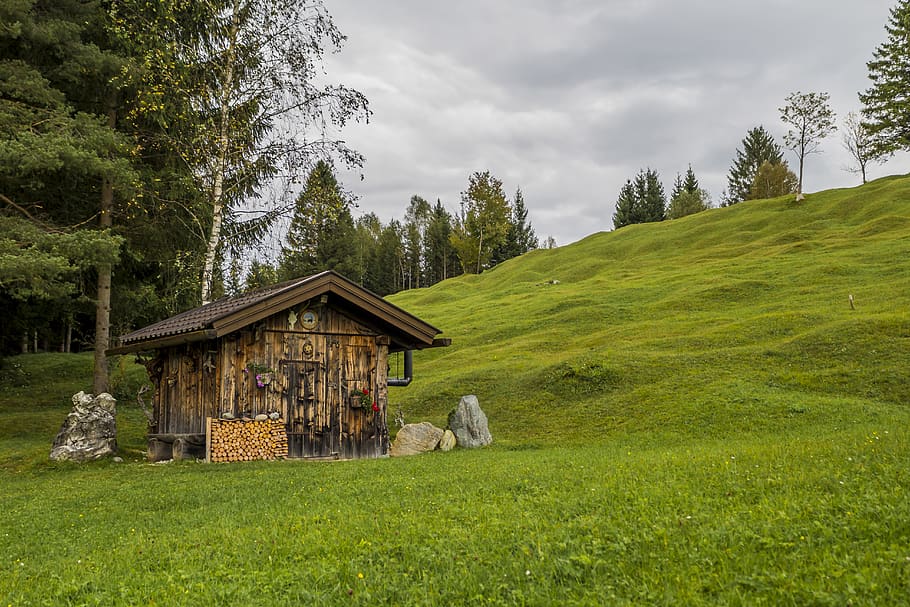 alm, hut, alpine, mountains, landscape, nature, sky, view, hiking HD wallpaper