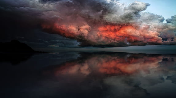 body of water under red and white clouds, sky, dramatic sky, fire HD wallpaper