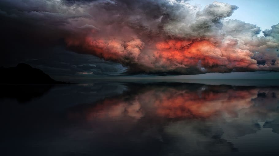 body of water under red and white clouds, sky, dramatic sky, fire HD wallpaper