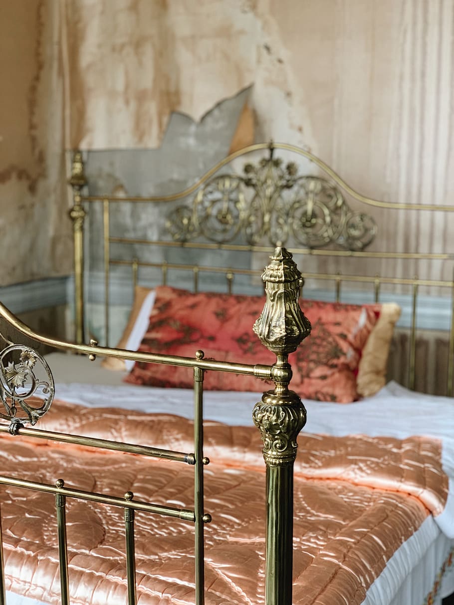 brown metal bed, indoors, no people, art and craft, focus on foreground HD wallpaper