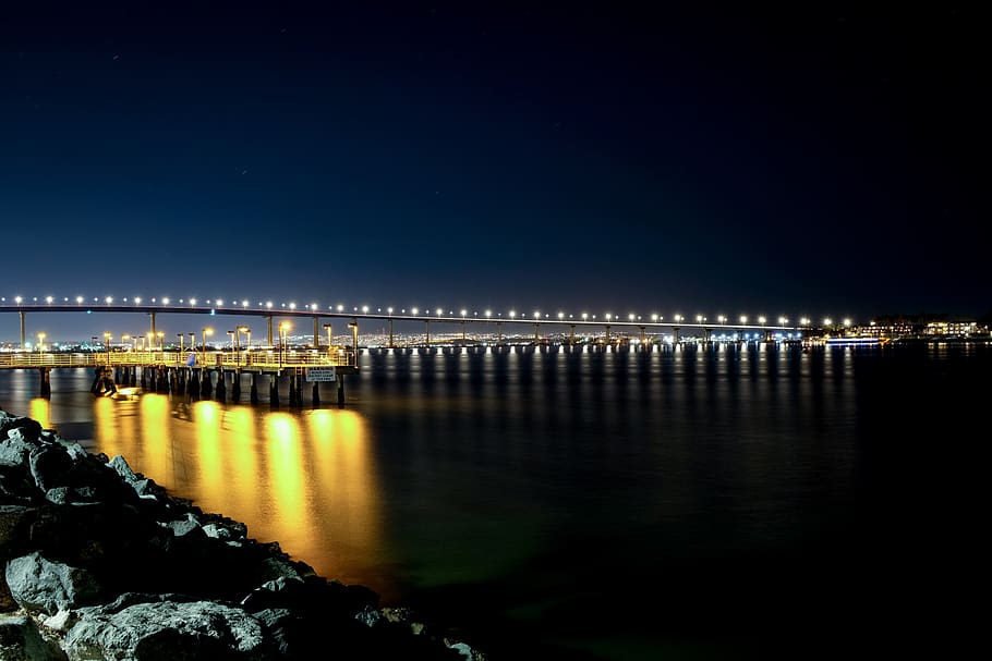 lighted bridge during nighttime, water, waterfront, port, dock HD wallpaper