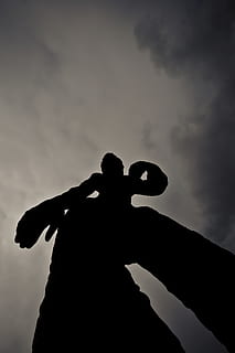 man, statue, shadow, silhouette, overcast, ominous, sky, real people HD wallpaper