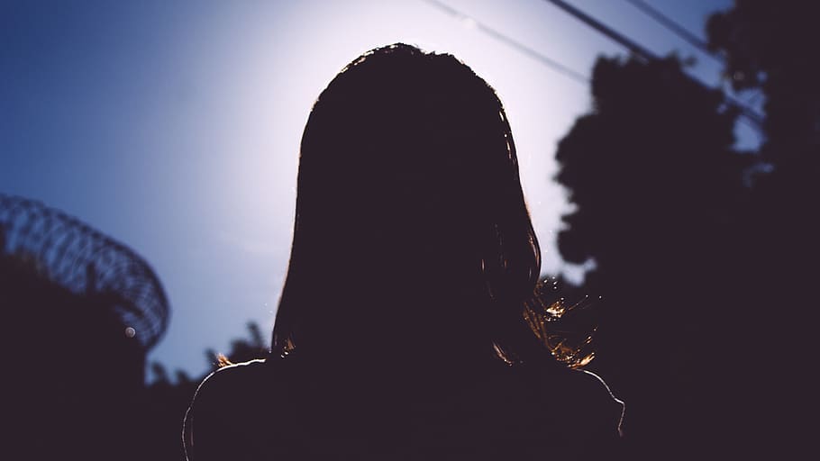 backlight, sihlouette, girl, blue, black, hair, sky, headshot