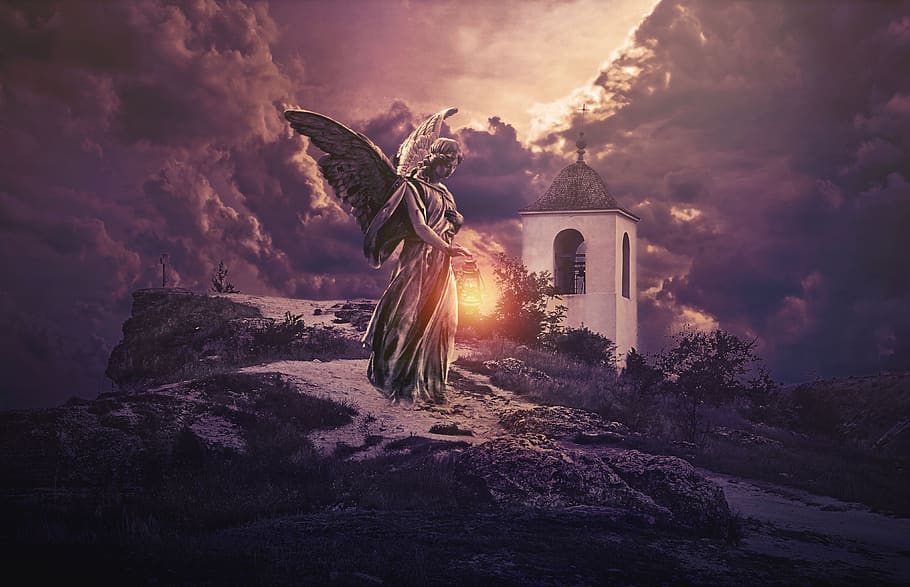 fantasy, gothic, dark, hermitage, angel, statue, female, lamp HD wallpaper