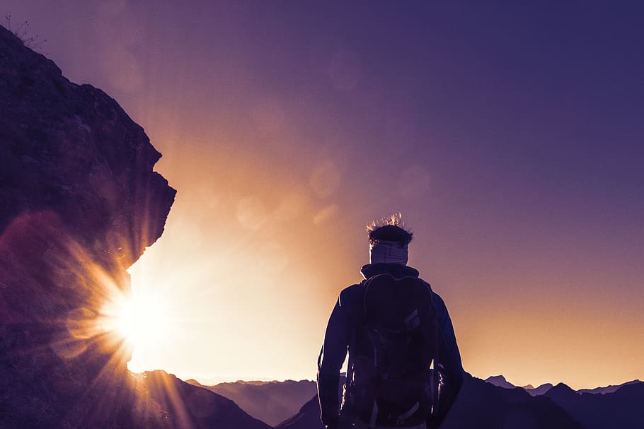 Silhouette Of Person In Jacket, adventure, backlit, climb, dawn HD wallpaper