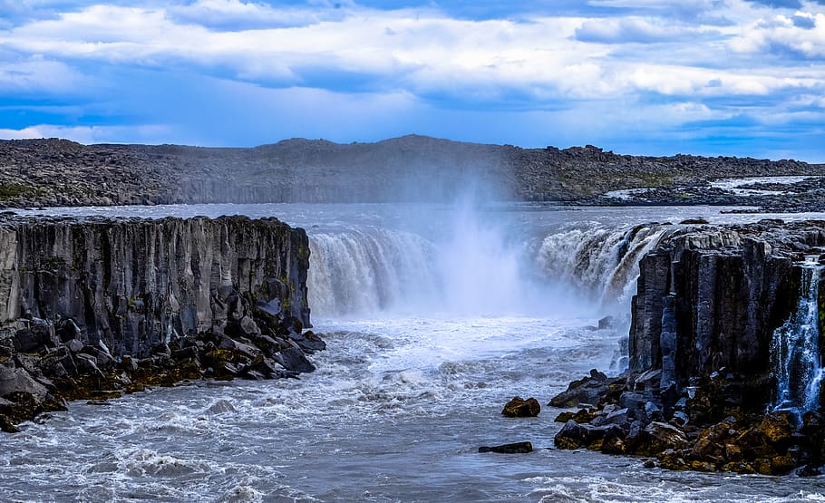 waterfall under blue sky, nature, river, outdoors, ocean, sea HD wallpaper