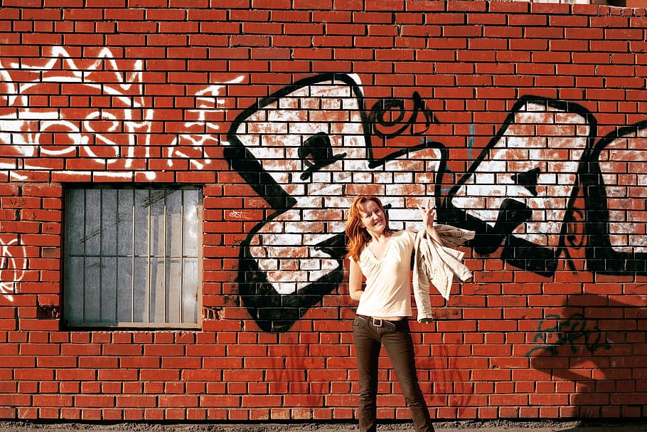 girl, pose, wall, bricks, graffiti, woman, brick wall, wall - building feature HD wallpaper