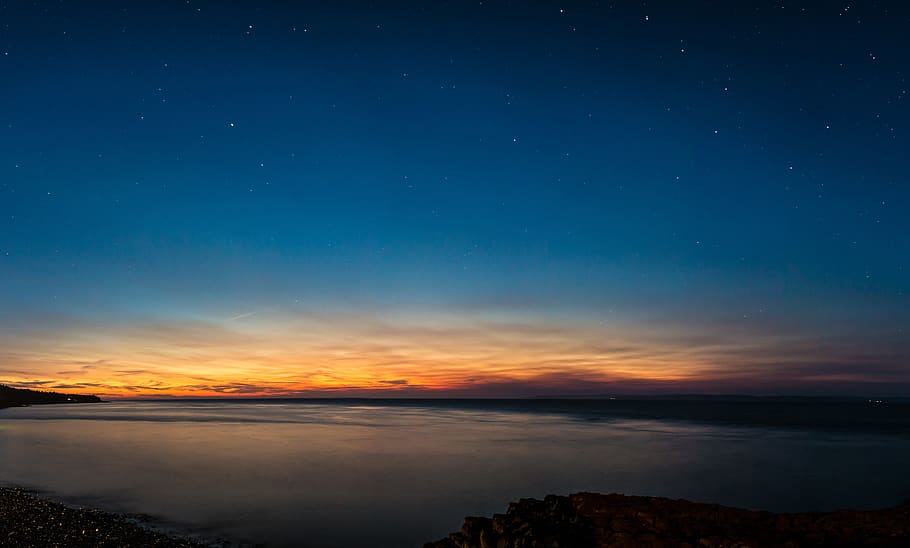 ocean, sunset, clouds, stars, panorama, bay of fundy, shore HD wallpaper