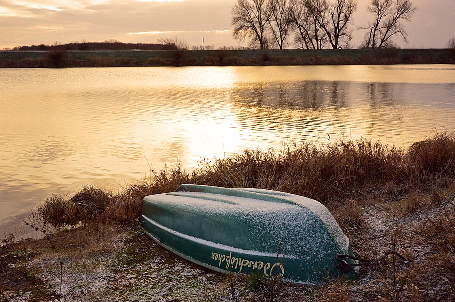 boat, rowing boat, winter, winterize, water, river, landscape HD wallpaper