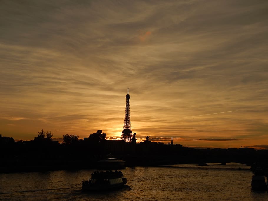 france, paris, sky, sunset, cloud - sky, water, silhouette HD wallpaper